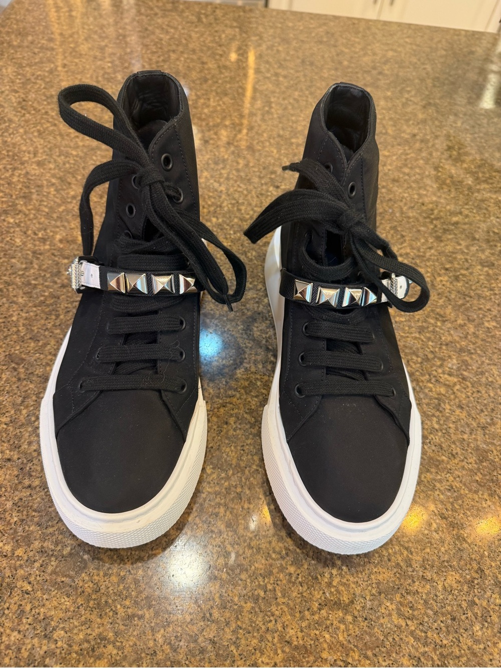 Prada Black High-Top Sneakers with Silver Pyramid Stud Strap